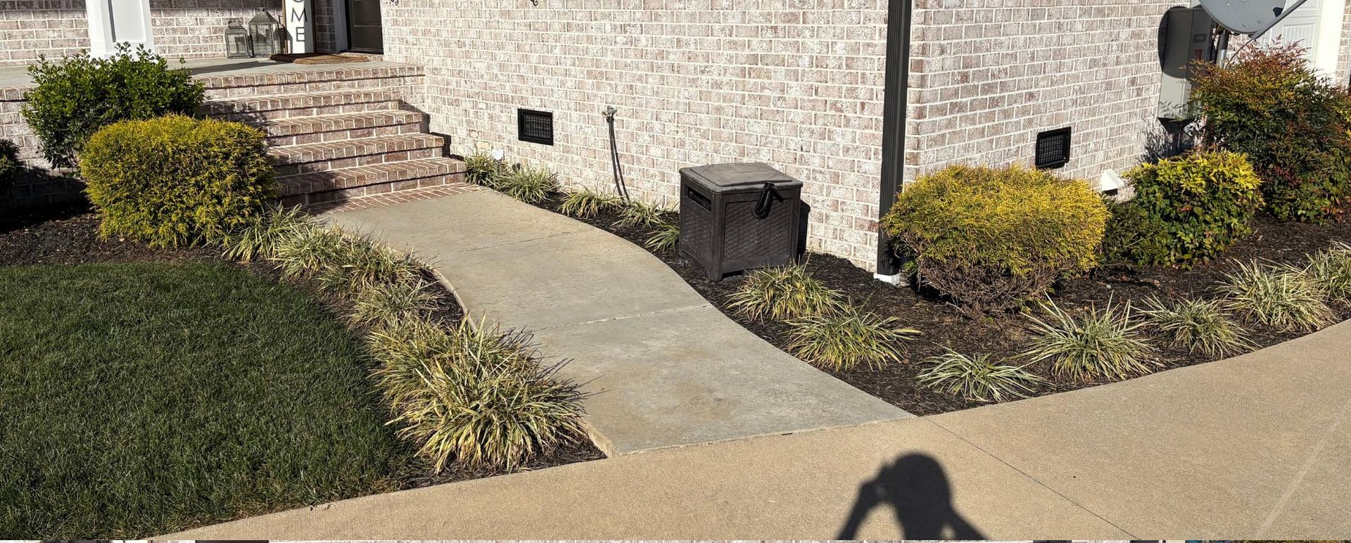 A brick house with a concrete walkway leading to the front door, lined with bushes and greenery.