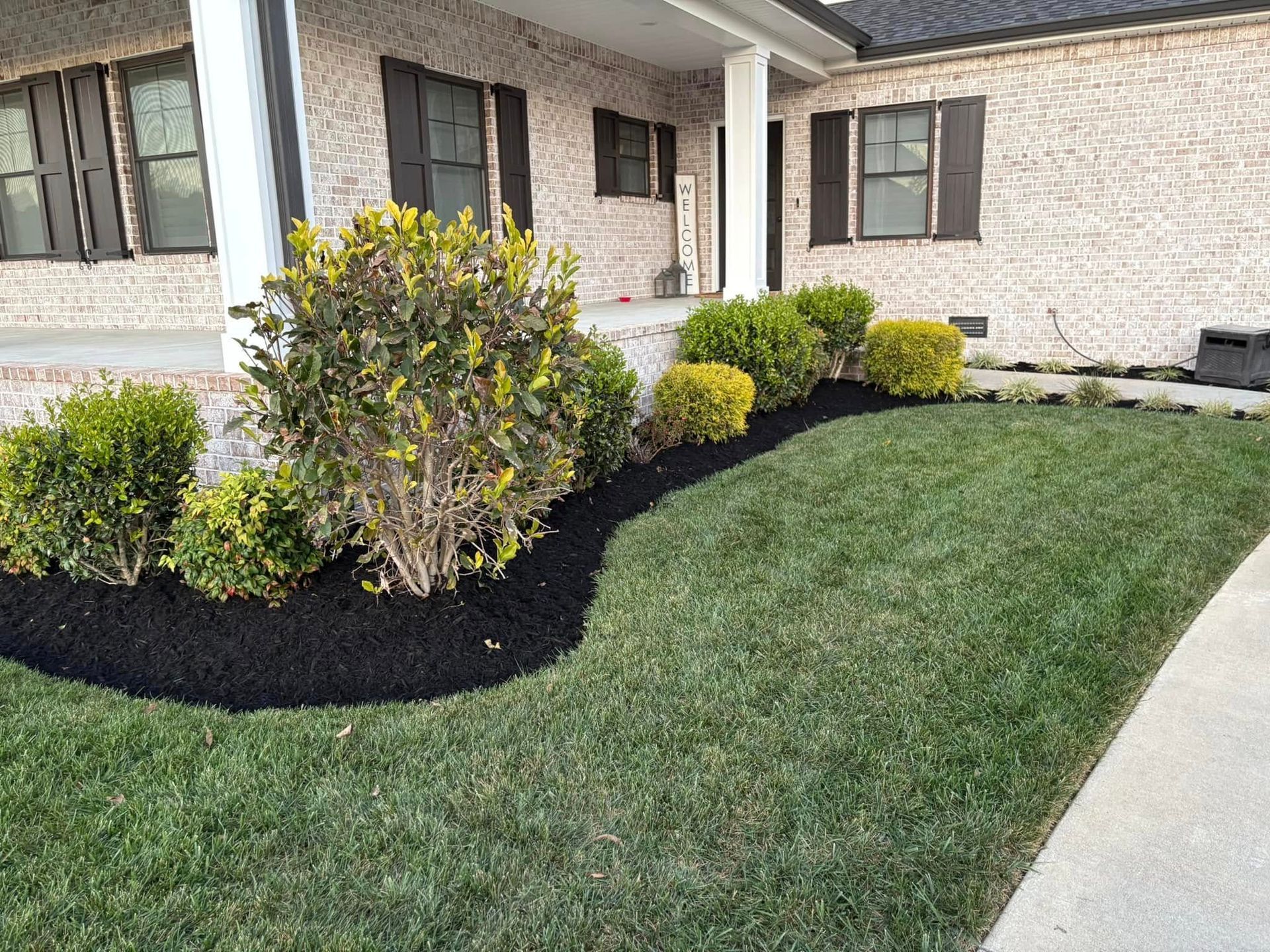Front yard landscaping with green grass, black mulch, and shrubs in front of a brick house.