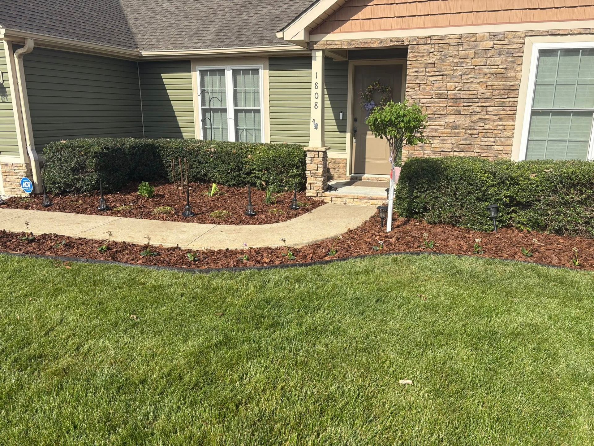 Green grass and mulch border a curved sidewalk leading to a house with green siding and a stone accent.