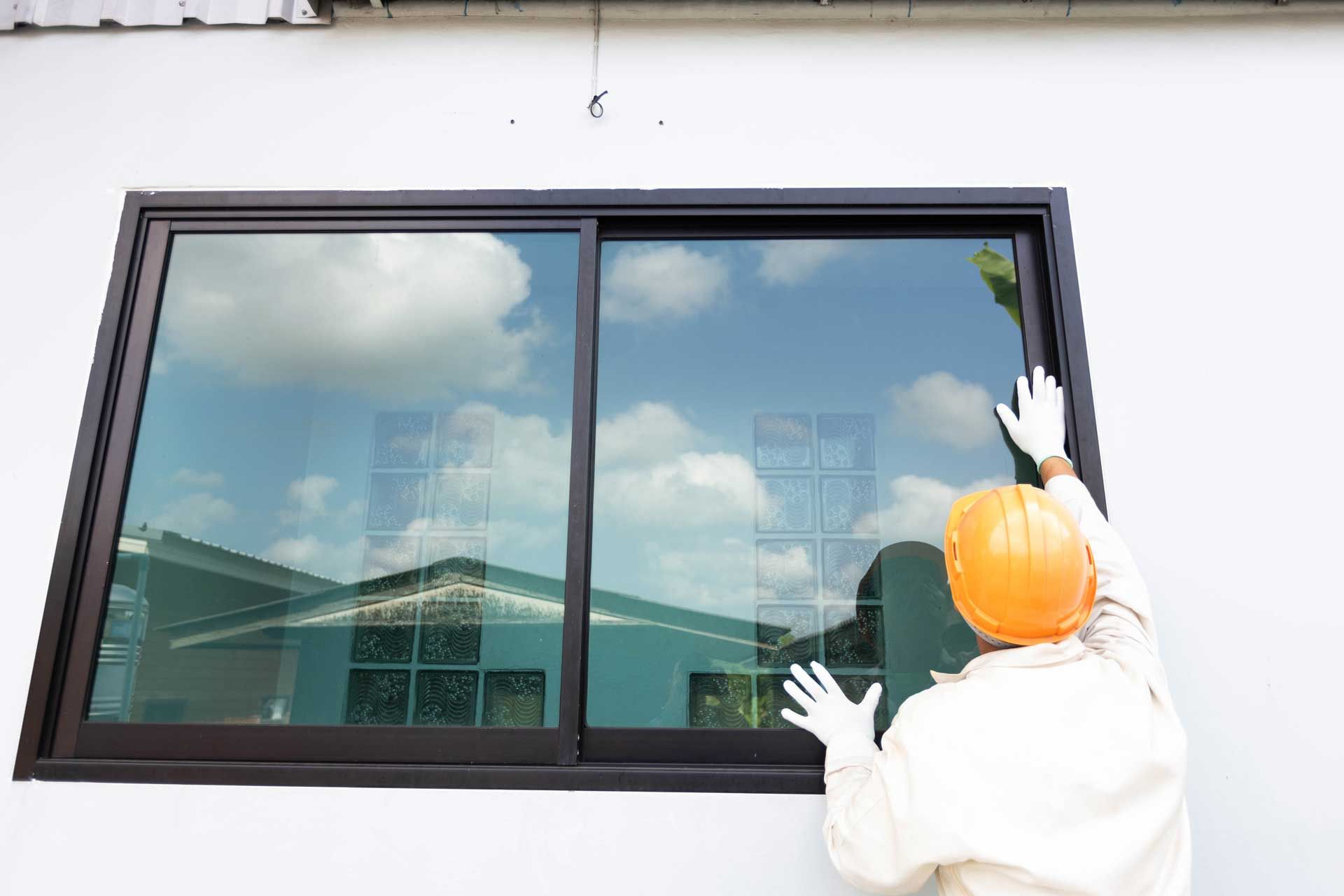 Male technician in safety gear performing window replacement on modern home exterior.