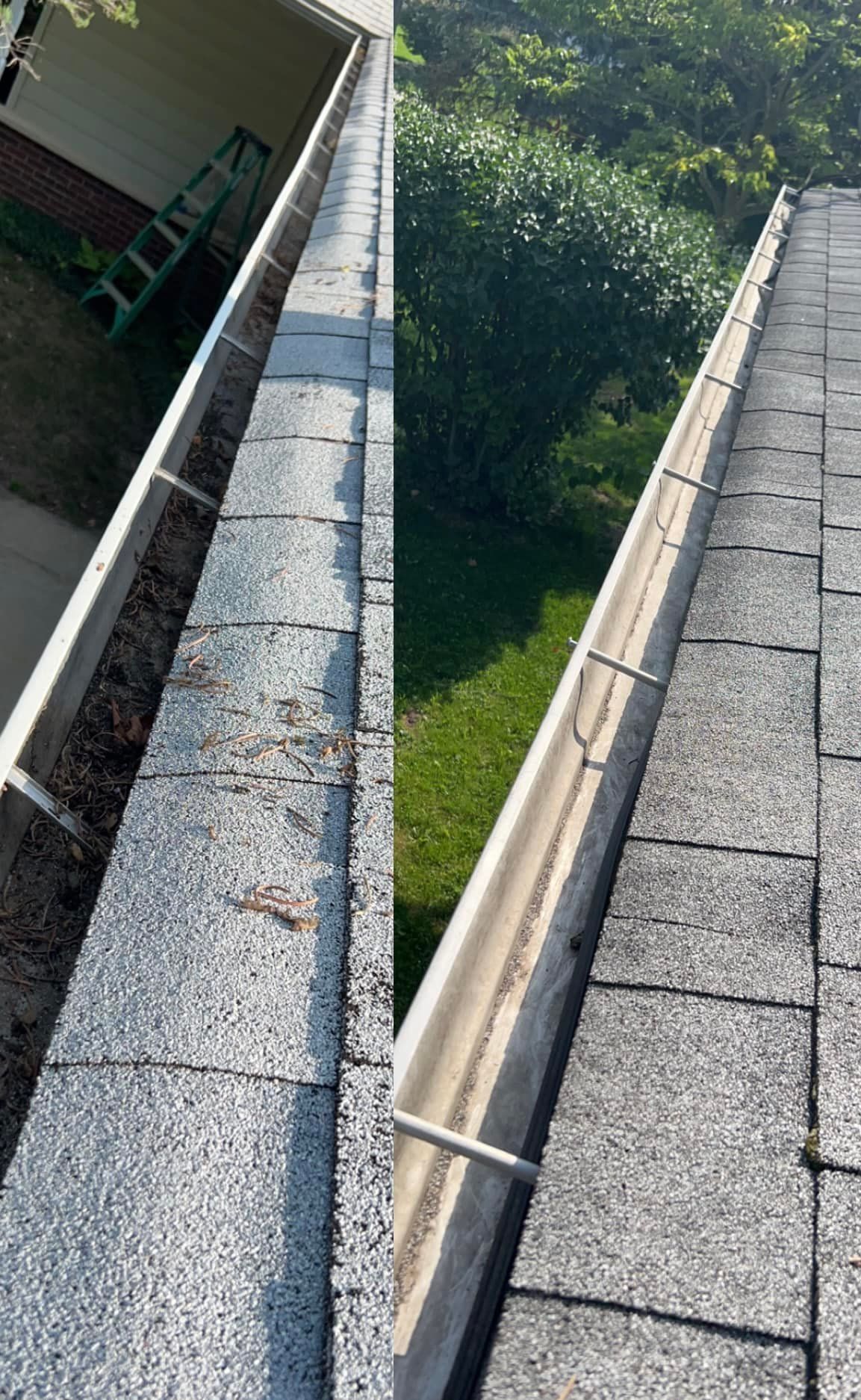 A before and after picture of a gutter on a roof.