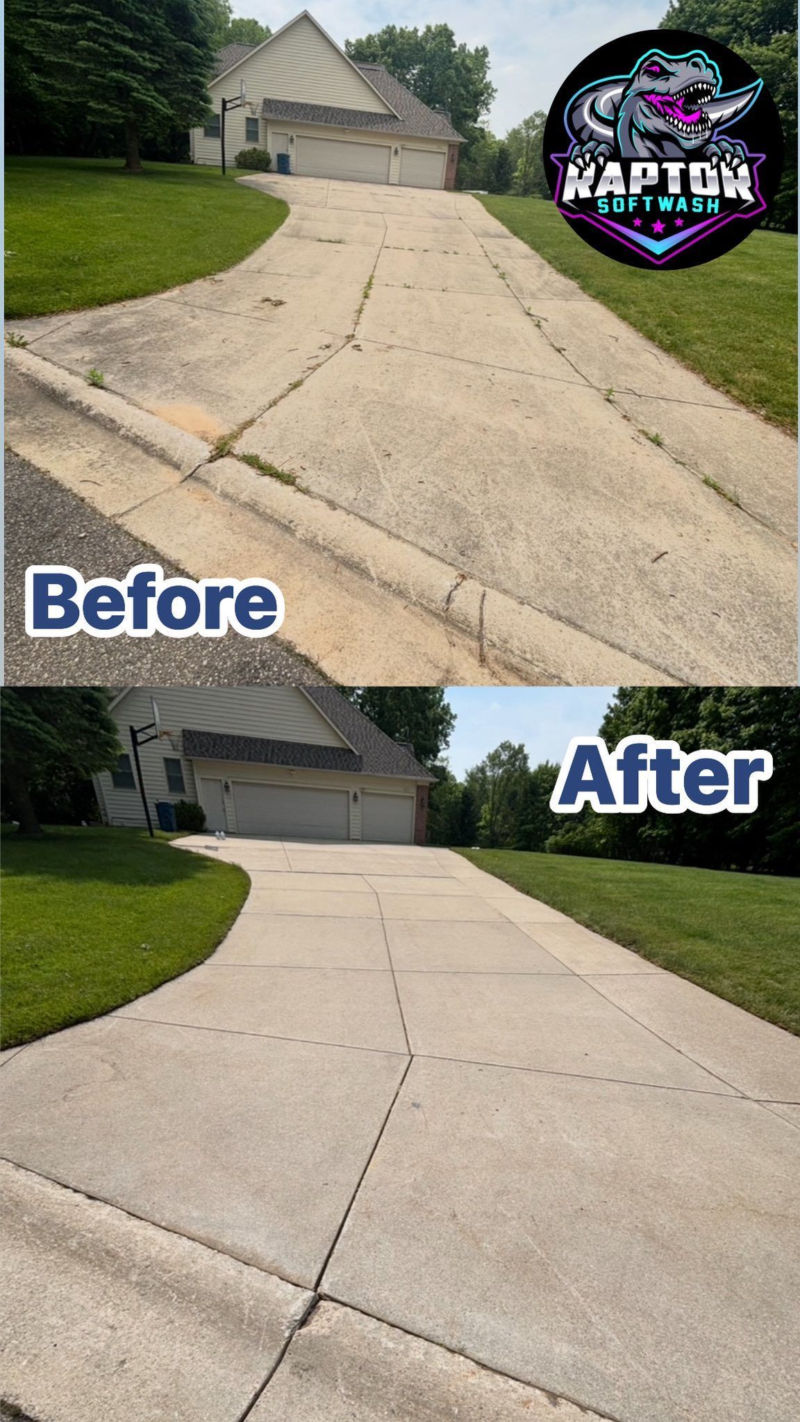 A before and after photo of a concrete driveway.
