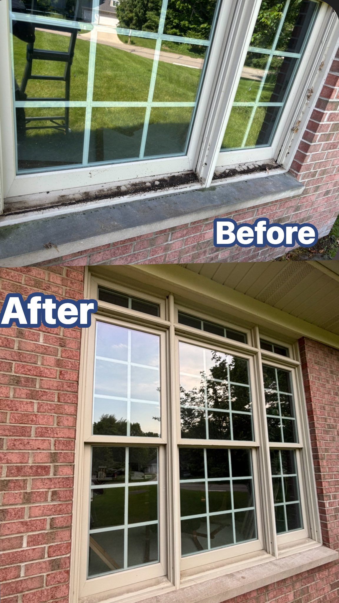 A before and after picture of a window on a brick house.