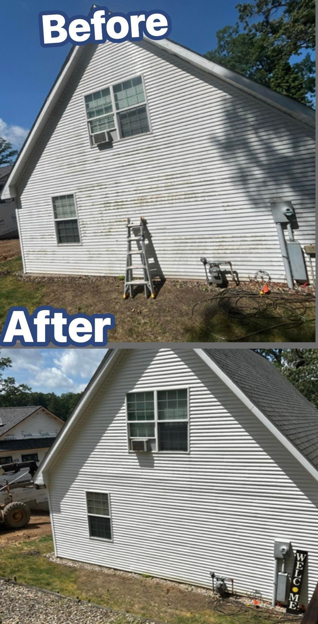 A before and after picture of a white house with a black roof.