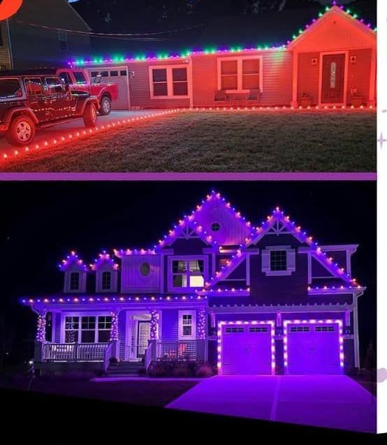 Two pictures of a house with christmas lights on it