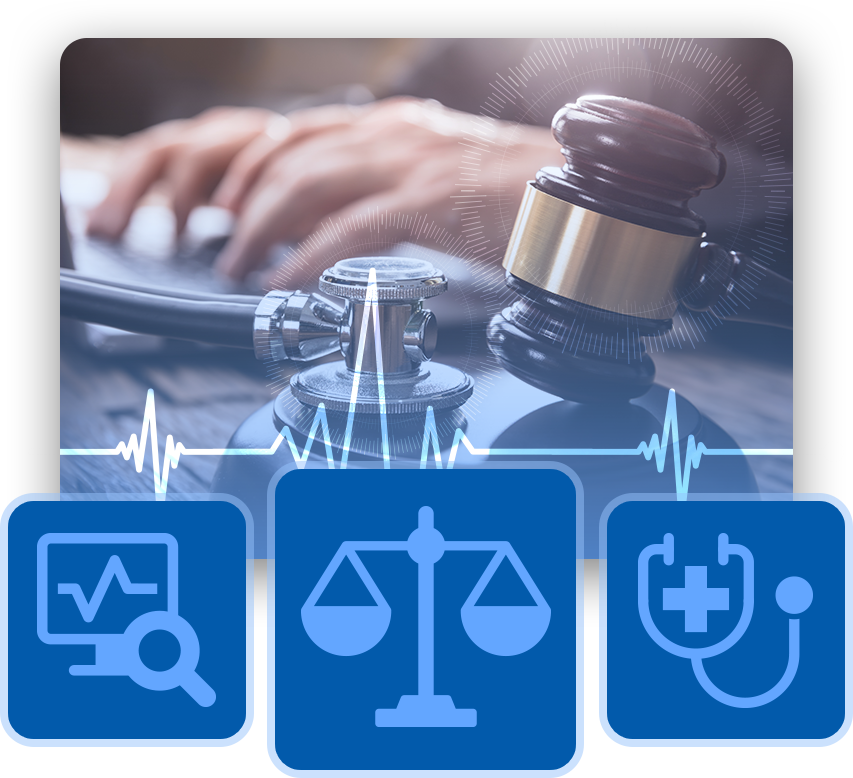 Gavel, stethoscope, and keyboard with digital icons for data analysis, law, and healthcare.