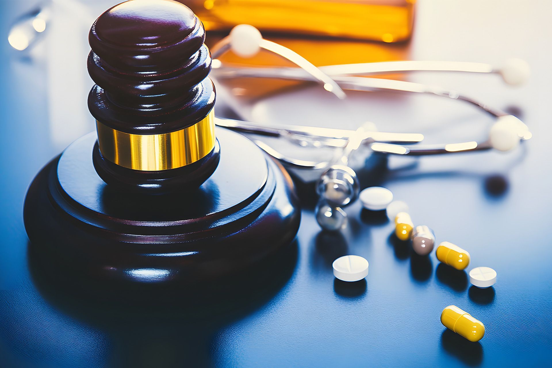 Black gavel with stethoscope and pills on a blue surface, symbolizing medical law or malpractice