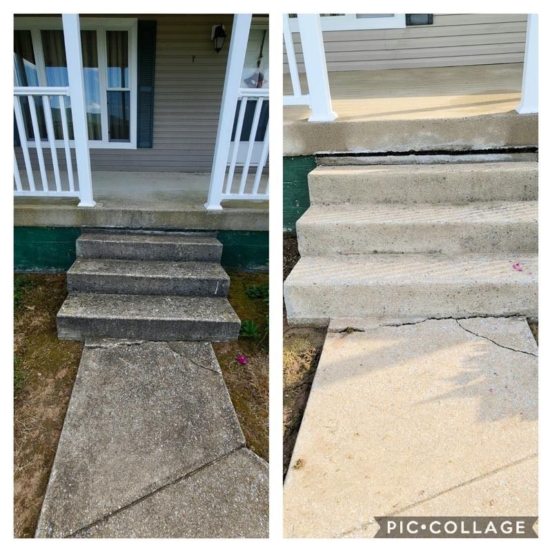 Concrete steps and walkway leading to a house, cracked and worn.