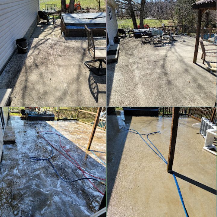 Concrete patio before and after cleaning, showing a transformation from dirty to clean with water and equipment.
