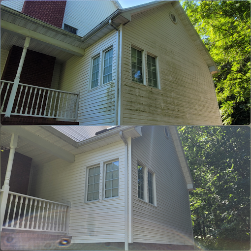 Before and after of a house exterior being cleaned; removing mold and grime.