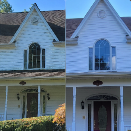 Before and after of a white house exterior: power washed to be brighter, door and window trim cleaned.