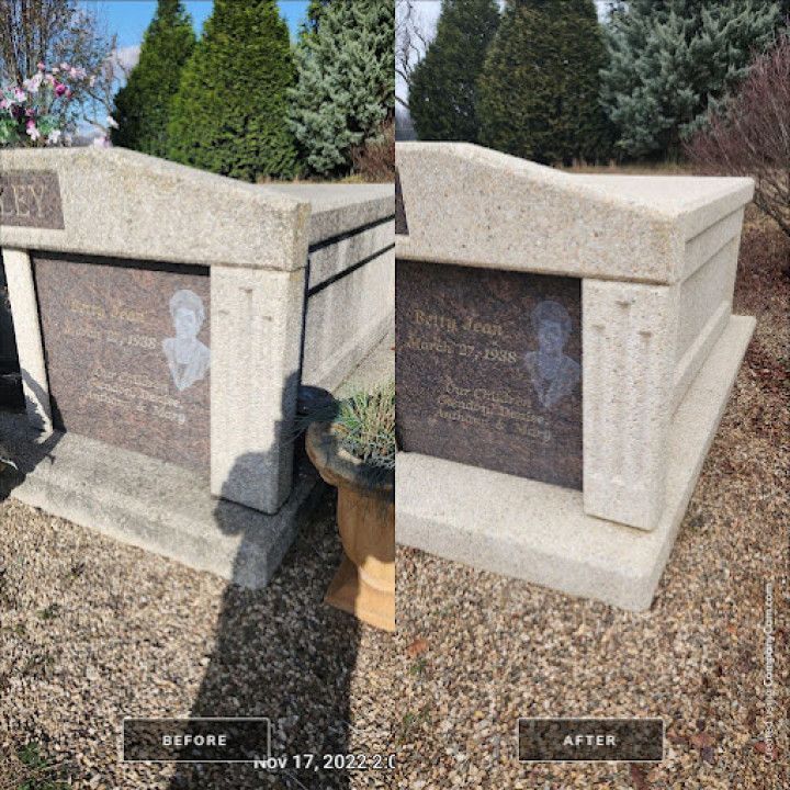 Comparison of a headstone before and after cleaning; featuring two panels with engraved portraits and names.