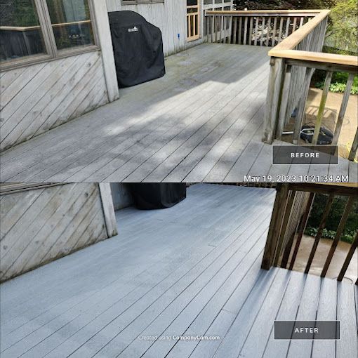 Before and after photos of a wooden deck. The top shows a weathered deck, the bottom a freshly painted deck.