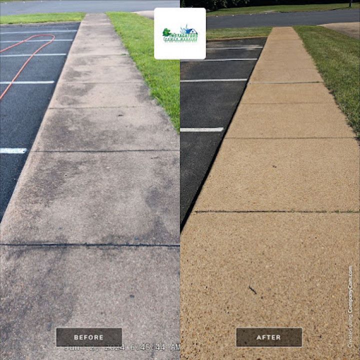 Before-and-after of concrete walkway cleaning. Dark, dirty walkway transformed to clean, tan surface.