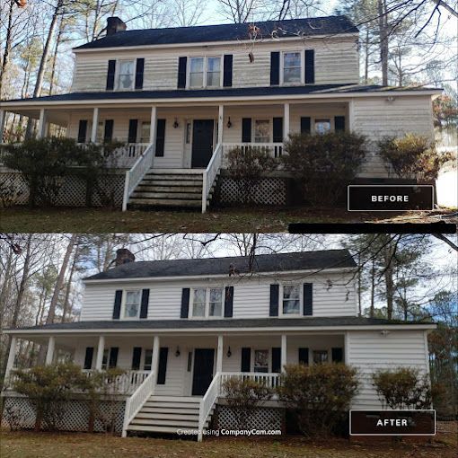 Before and after of a two-story house exterior, painted white with black shutters and trim.