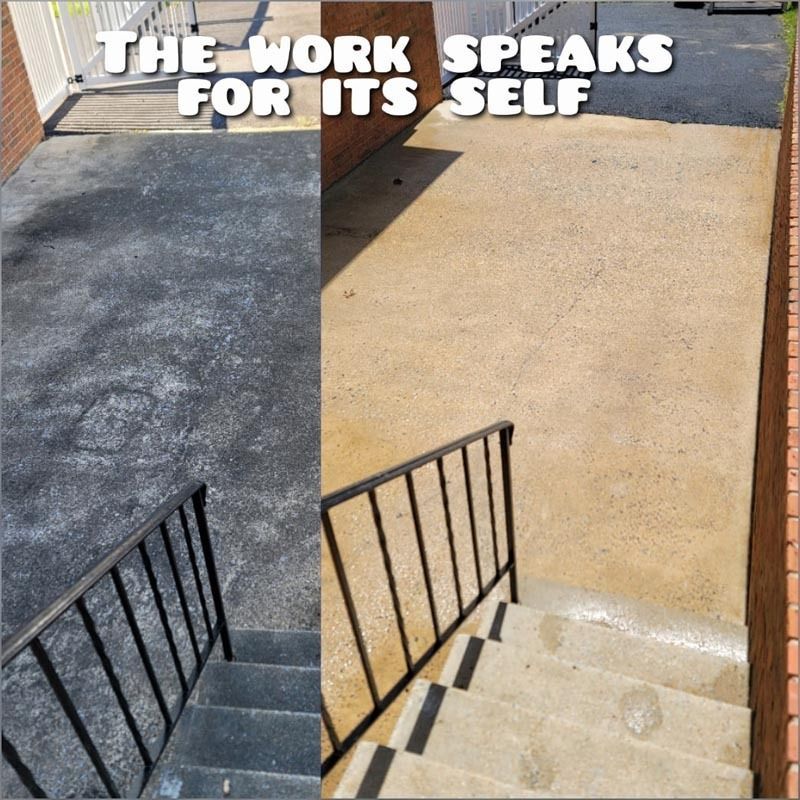 Before and after pressure washing of concrete steps and walkway; one side dirty and black, the other clean and light.