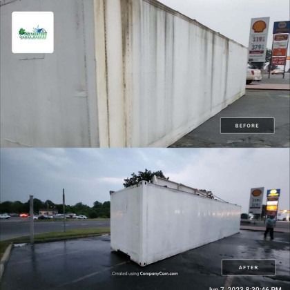 Before and after of a building cleaning. White exterior shows dirt before, clean after. Shell gas station in background.