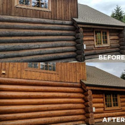 Before-and-after of a log cabin exterior, showing a faded brown finish restored to a warm, vibrant orange-brown.