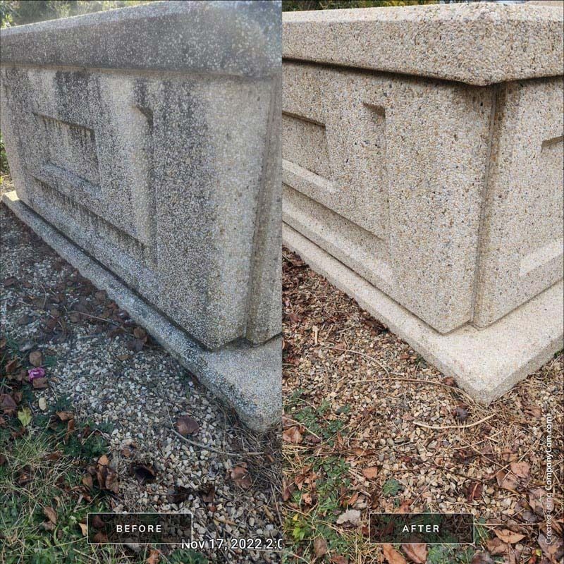 Comparison of a dirty and clean stone planter; before and after power washing.