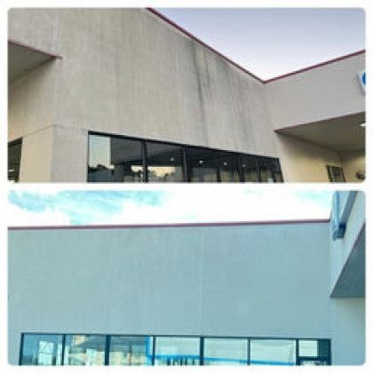 Before-and-after of a building's exterior. Top shows dirty wall, bottom shows a clean wall.