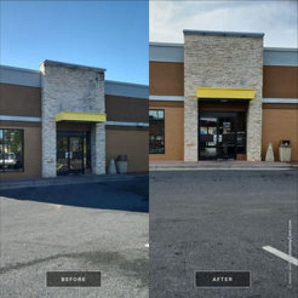 Before and after photos of a storefront with a stone facade, yellow awning, and paved parking lot.