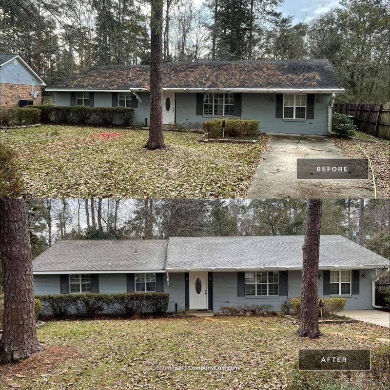 Before and after of a gray house with a roof, landscaping, and driveway.