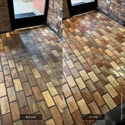 Before and after of a brick floor cleaned to remove dirt and grime.