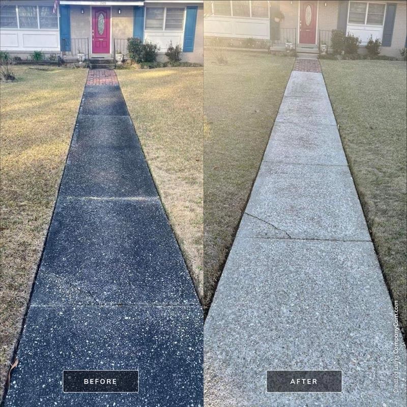 Before and after shot of a concrete walkway being pressure washed. The walkway leads to a house with a red door.