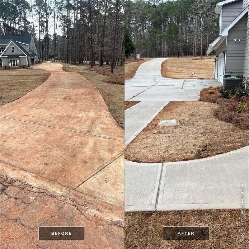 Before and after of a driveway cleaning; concrete changes from dirty brown to clean gray.