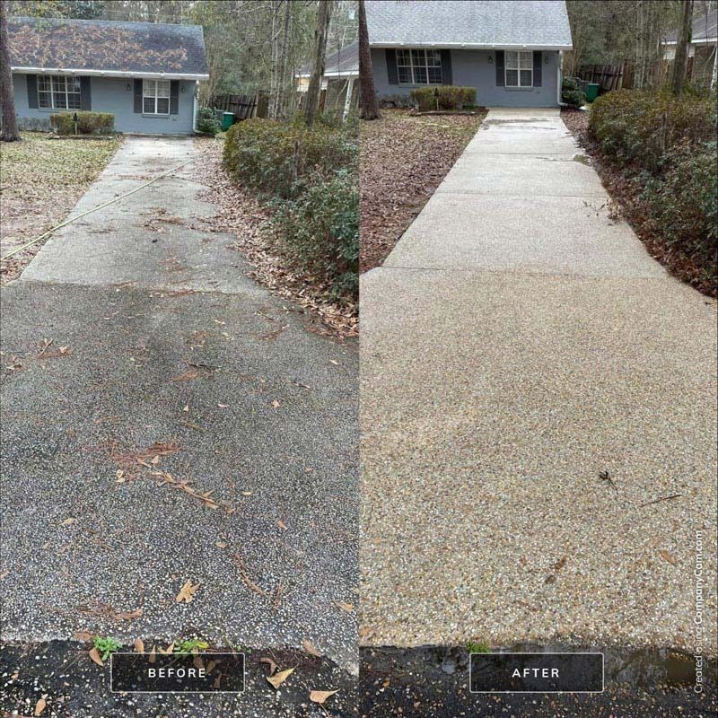 Before and after of a driveway, showing a dirty driveway being cleaned by power washing.