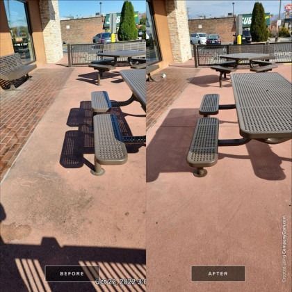 Before and after view of a red brick patio, cleaned to remove dirt and grime, with metal picnic tables.