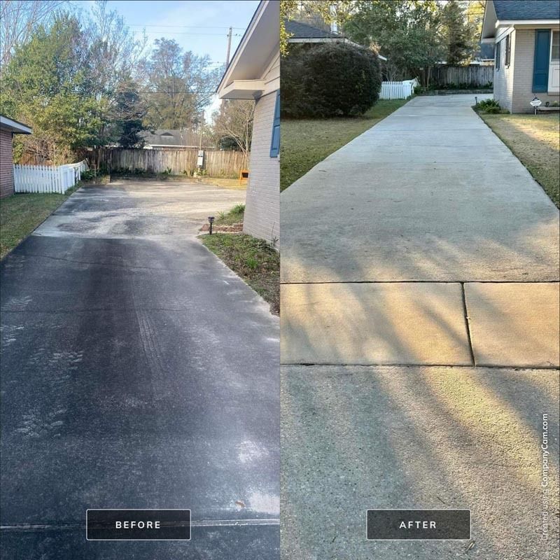 Before and after comparison of a concrete driveway, cleaned using a pressure washer.