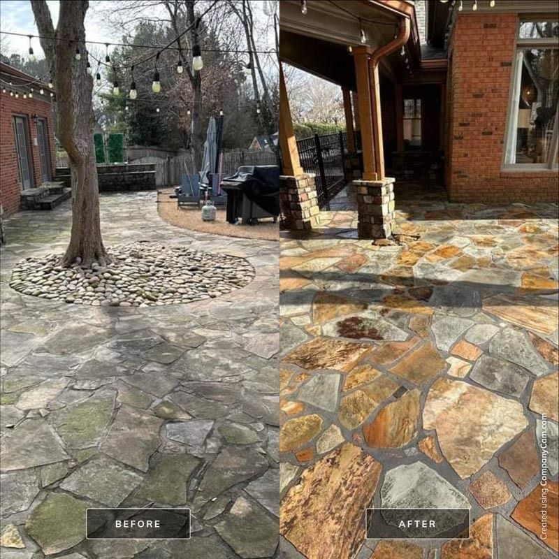Before and after of a stone patio cleaned; dirty, gray pavers versus clean, colorful ones.