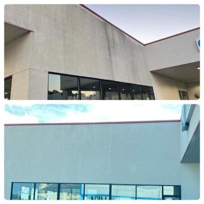 Before and after photos of building exterior cleaning. Shows a dirty wall cleaned to bright white.