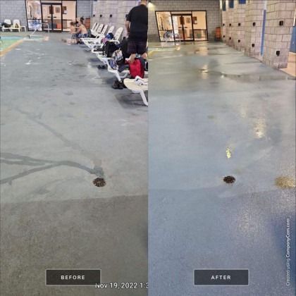 Comparison of a concrete floor before and after cleaning at a public pool area.