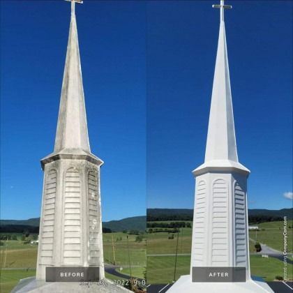 Comparison of church steeple before and after cleaning. The steeple is white.