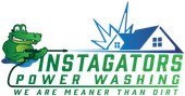 Green gator power washing a house; logo for Instagators Power Washing; text: "We are meaner than dirt."