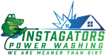 Green gator power washing a house; logo for Instagators Power Washing; text: "We are meaner than dirt."