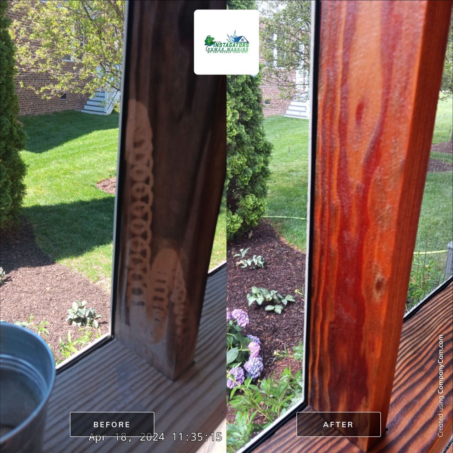 Before and after images of a wooden porch post. Left shows weathered wood; right shows post freshly stained, with green lawn visible.