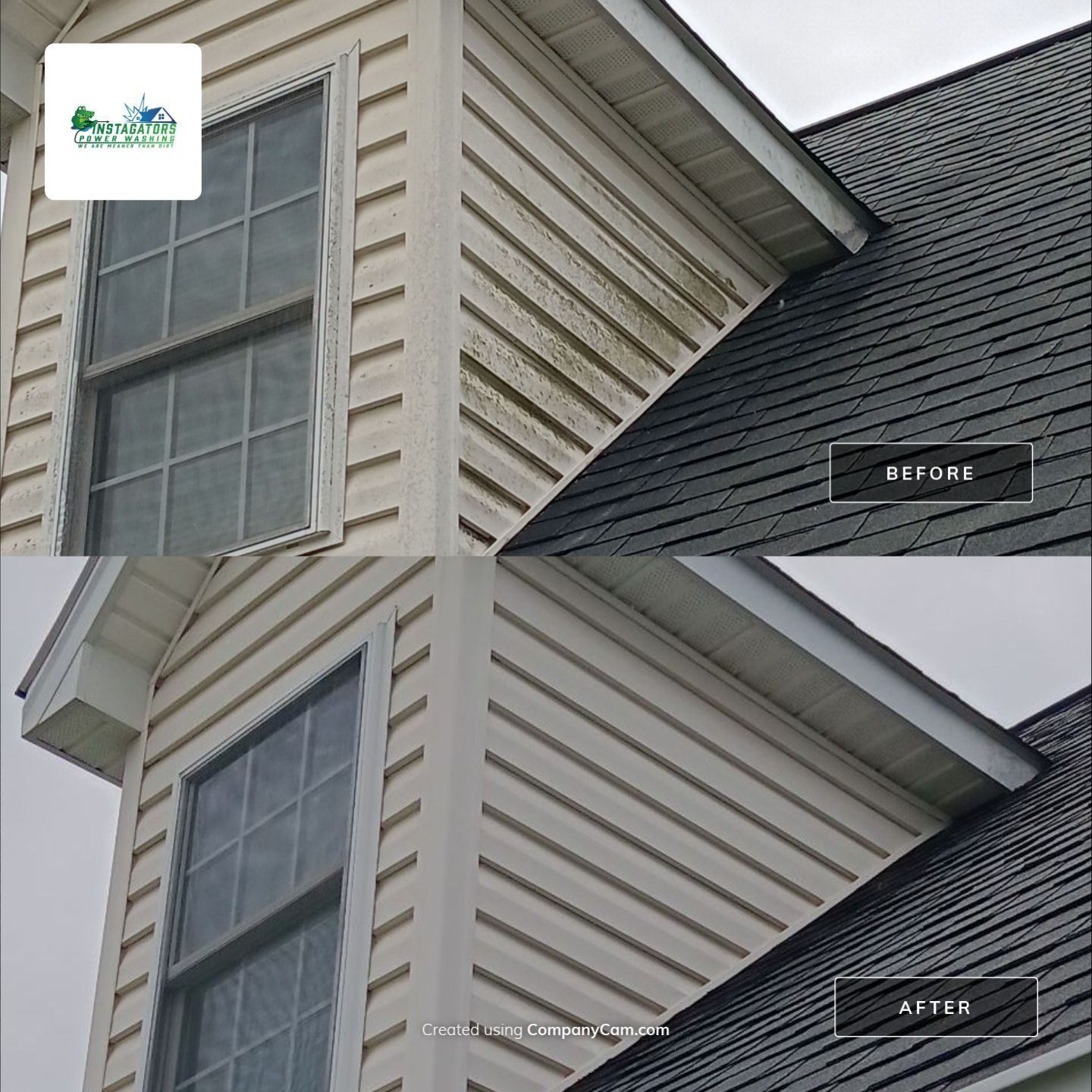 Before and after of house siding and roof cleaning; beige siding, dark gray roof.