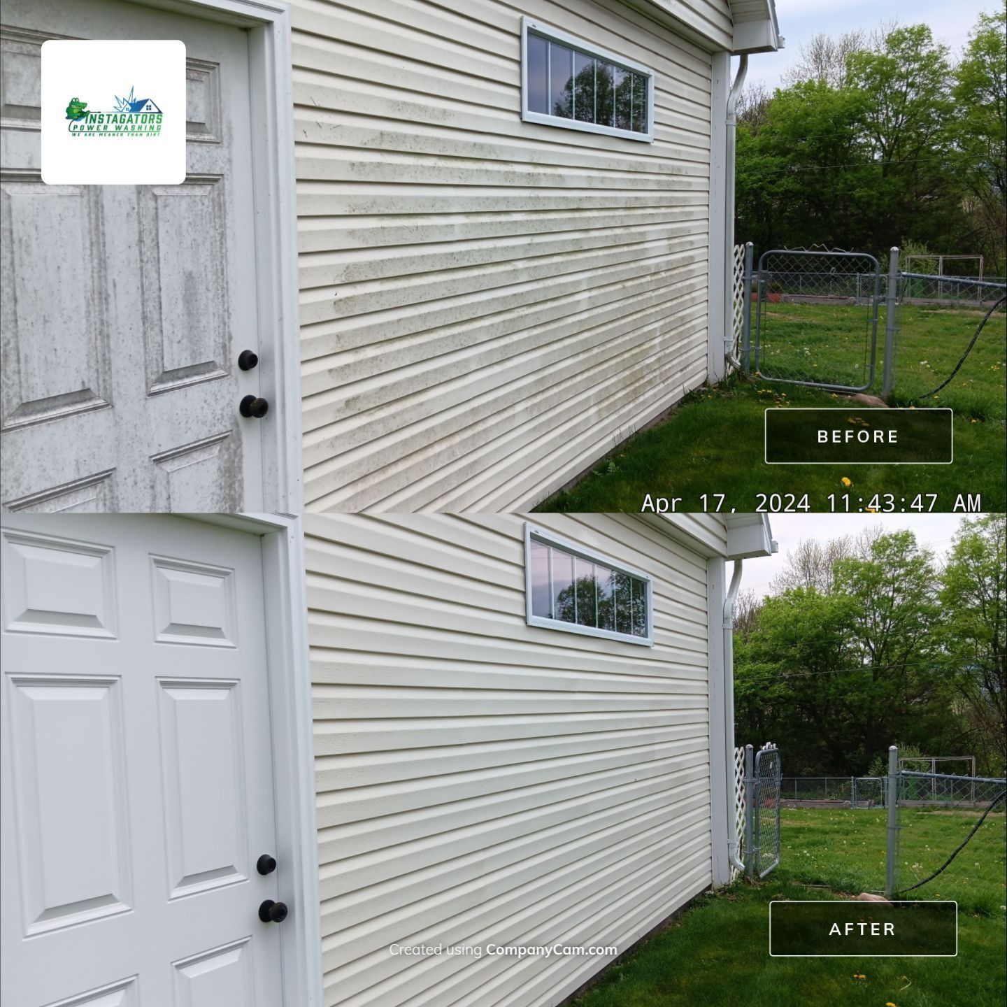 Before and after of a house's siding and door, showing the results of power washing to remove dirt and grime.