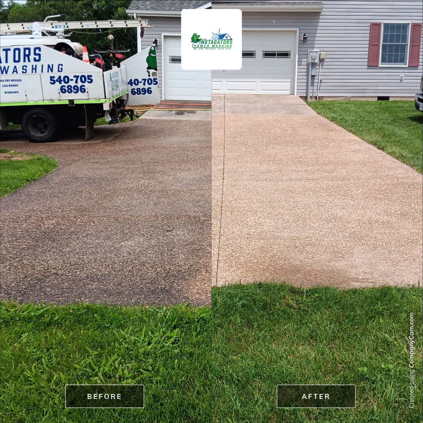 Before and after of a driveway cleaning; showing a dirty driveway next to a clean one.