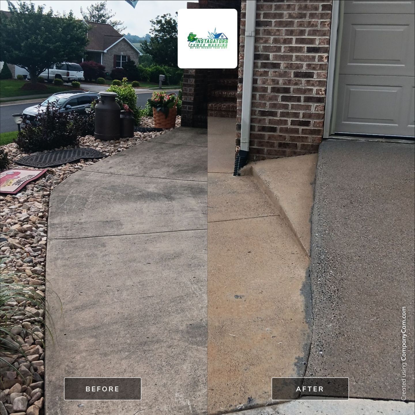 Concrete walkway comparison: Before (gray, stained) and After (clean, dark gray). Building, driveway visible.