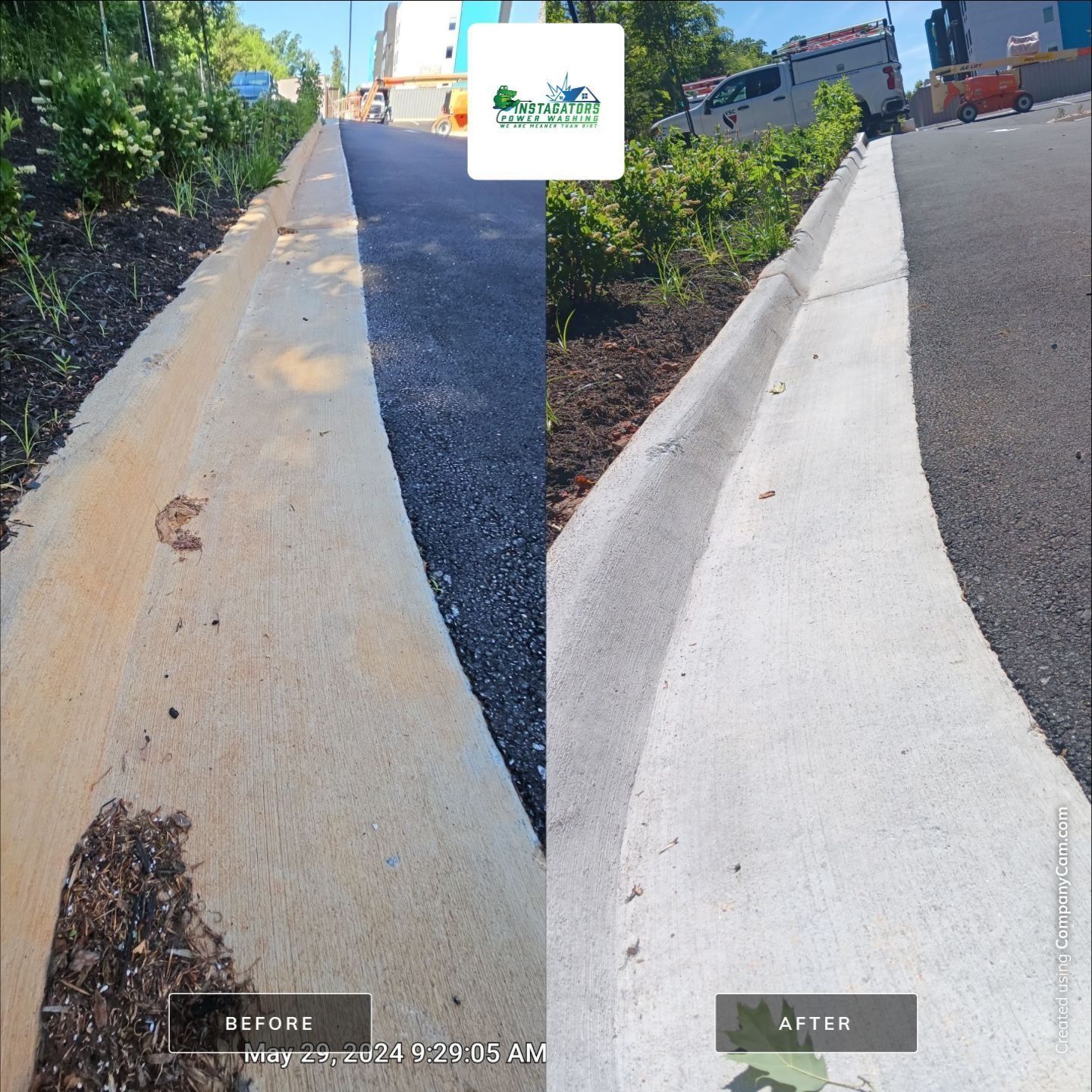 Before-and-after of a concrete curb. Curb on the left is dirty, right side is clean after a wash.