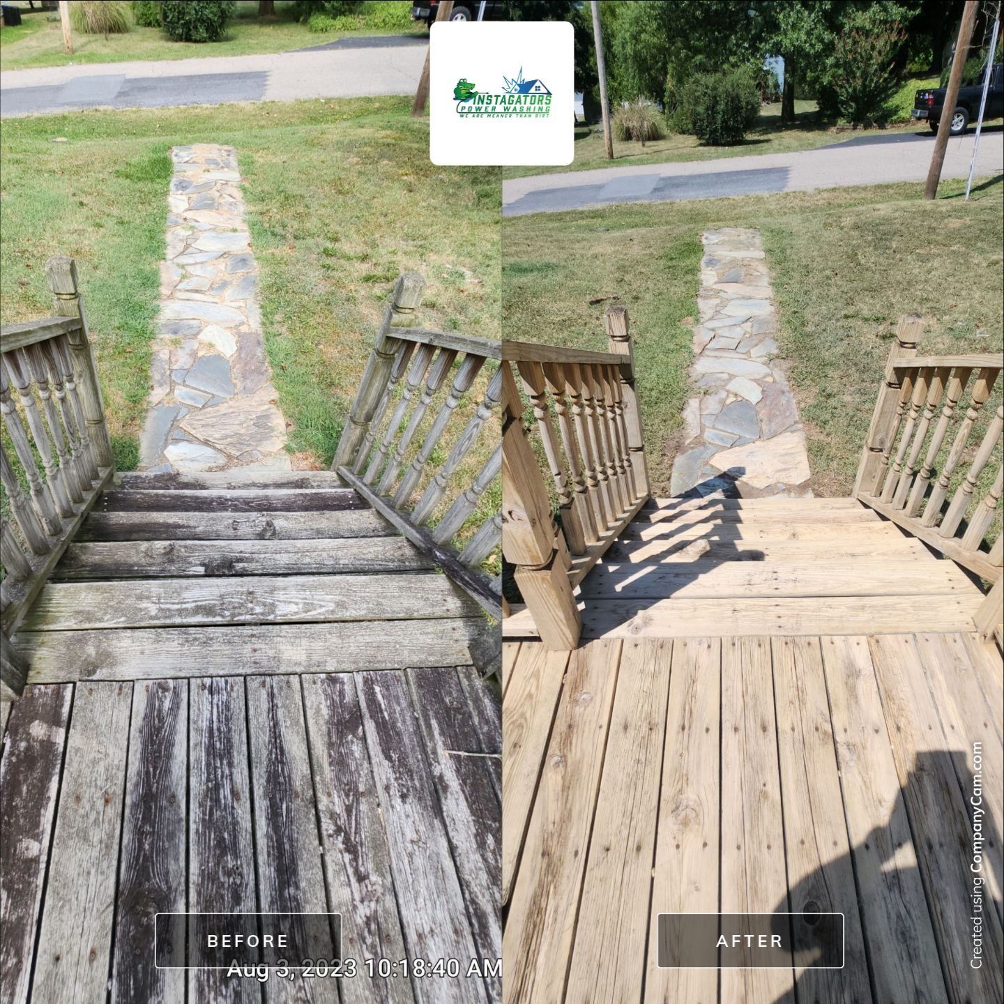 Before-and-after of a wooden deck and stairs; cleaned and restored. Shows the difference between before cleaning and after.