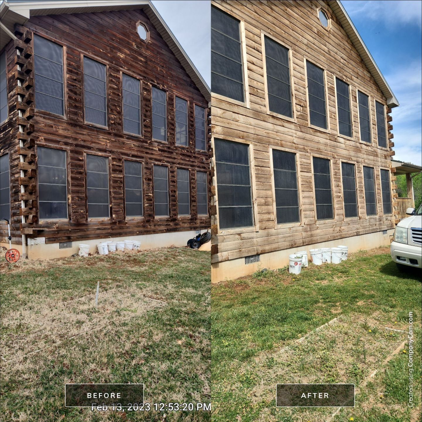 Before and after images of a log cabin being cleaned. The 