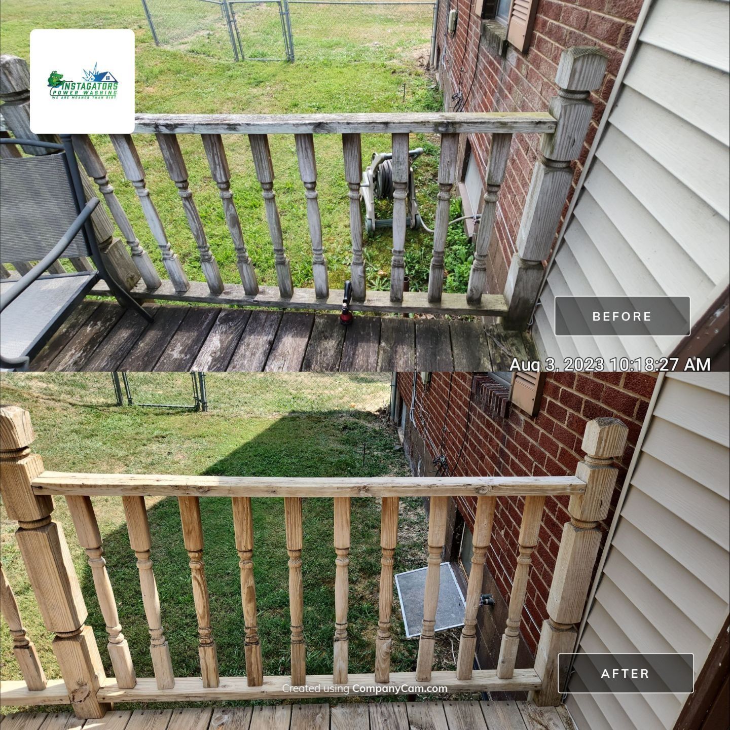 Before/after of deck railing, showing cleaned wood.