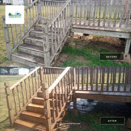 Before/after of a wooden deck and stairs; cleaned and stained, lighter brown, grass below.