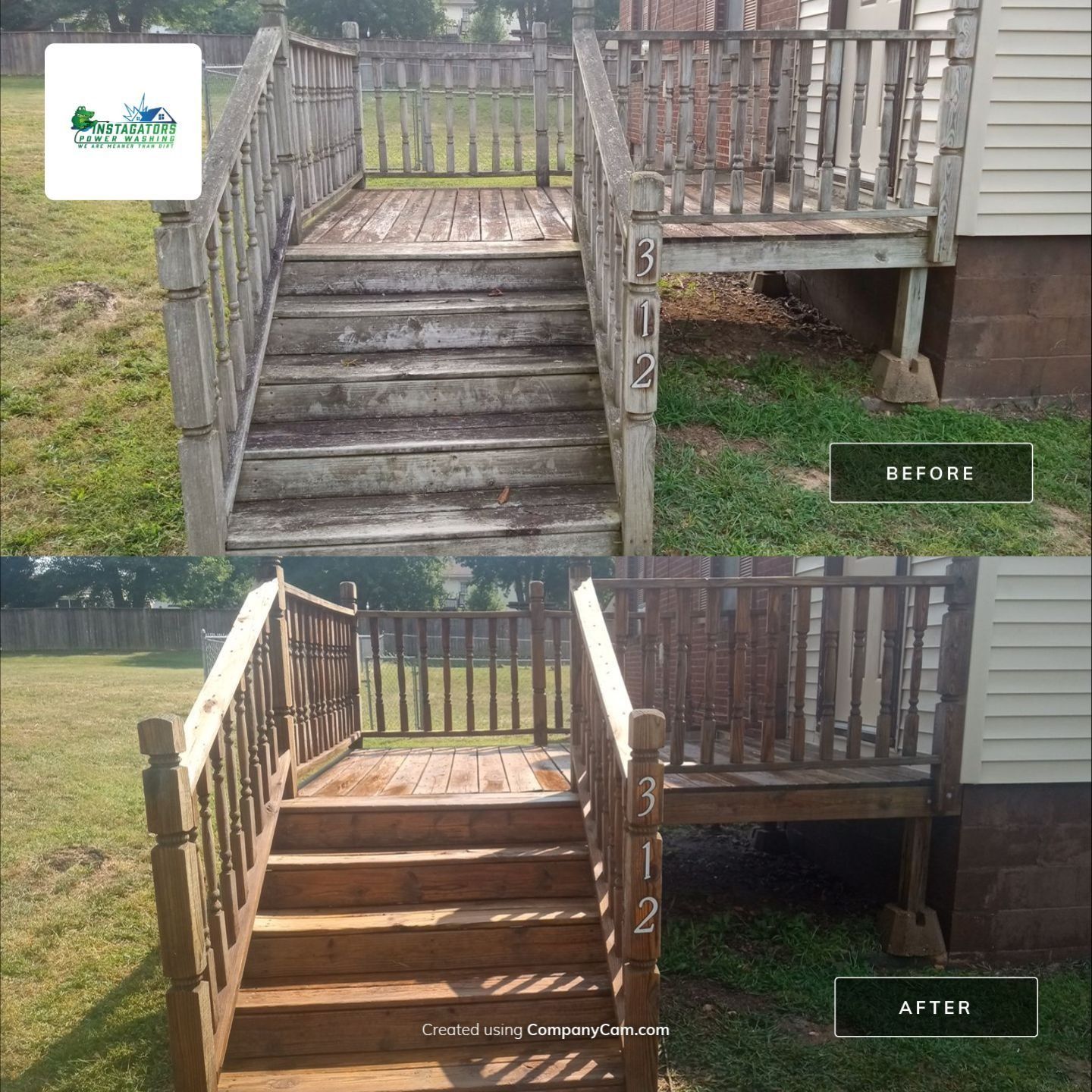 Before and after of a wooden deck and stairs; weathered before, clean and stained after.