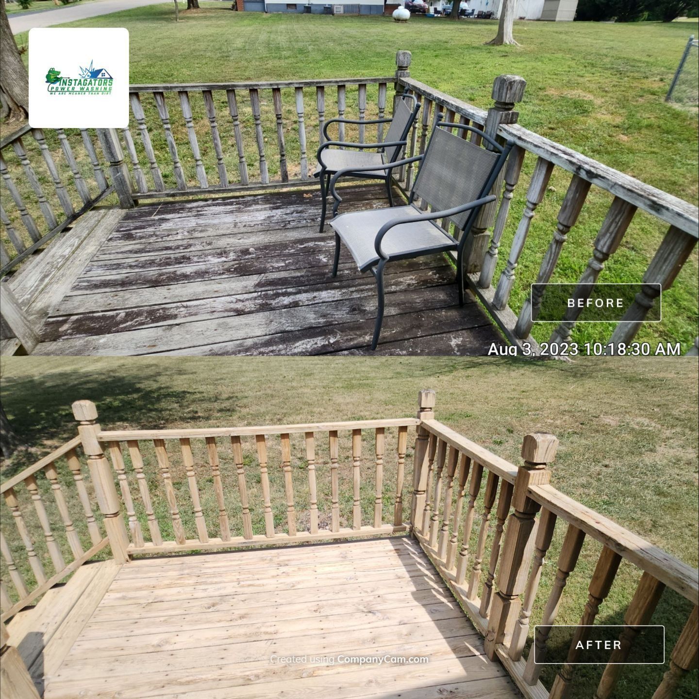 Before and after comparison of a deck. The deck has been cleaned, revealing lighter-colored wood.
